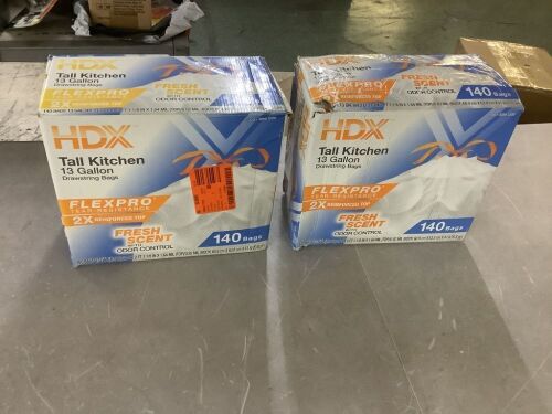 Lot of (2) HDX FlexPro 13 Gallon Fresh Scent Tall Kitchen Trash Bag (140-Count)
