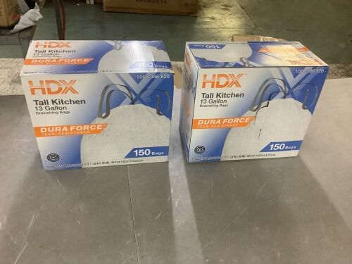 Lot of (2) HDX FlexPro 13 Gal. Reinforced Top Drawstring Kitchen Trash Bags with 10% PCR (150-Count)