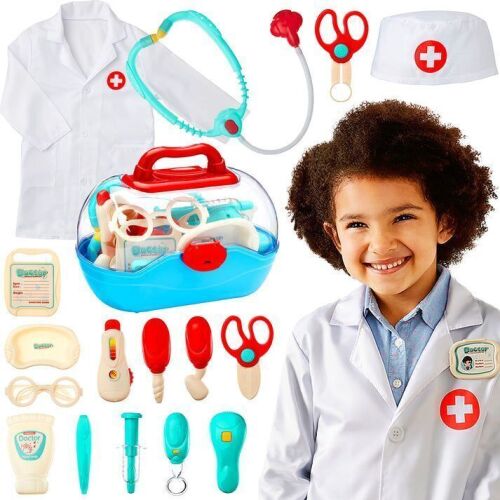 Pretend Play Doctor Kit, Boys & Girls Doctor Outfit w/ 18 Accessories, Coat, Hat, Carrying Case