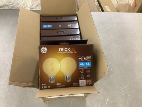 Case of (4) GE Relax LED Globe Light Bulbs, Clear Soft White, 500 Lumens, 5.5 Watt, 2-pk
