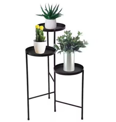 30 in. Metal Corner Plant Stand in Black Indoor/Outdoor (3-Tier)