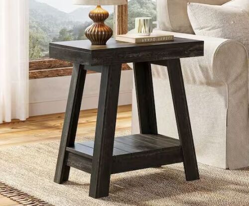 BYBLIGHT Kerlin 23.6 in. Black Rectangle Wood End Table with 2-Tier Shelf