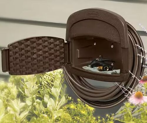 Suncast Hangout 150 ft. Resin Wicker Mounted Garden Storage Hose Reel, Brown