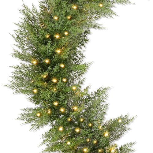 9' Pre-Lit Cedar Cypress Christmas Realistic Garland w/ Twinkling LEDs