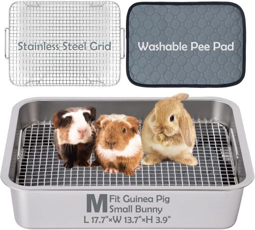 MEEXPAWS Guinea Pig Stainless Steel Litter Box with Raised Grid and Washable Pad,Small Bunny Rabbit Litter Pan High Side, Ferret Rat Litter Box, Small Animal Toilet Potty Tray Easy Clean,Less Stink