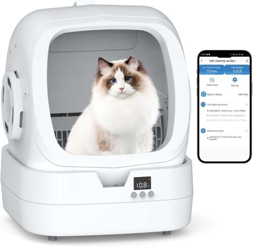 Automatic Cat Litter Box Self Cleaning - APP Control and Weight Monitoring - Ultra-Quiet, Suitable for Medium Cats and Kittens, Safe Anti-Pinch Litter Box (Assembly Required) - White