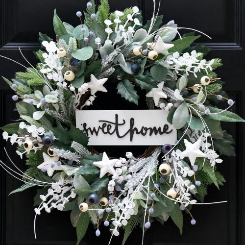 Winter Wreaths for Front Door 24 Inch Winter Wreath with Stars, Pinecones, Berries & Wooden Sign, Winter Door Wreath Indoor & Outdoor Holiday Décor, Frosted Snowy Decoration