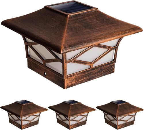 Brushed Copper Solar Post Cap Lights - Outdoor LED Deck Fence Cap Light 4 Pack Waterproof Warm White LED Solar Backyard Decoration Suitable for 4x4 Wooden Posts