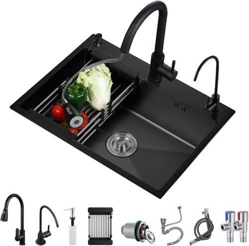 Black Stainless Steel Kitchen Sink, Single Bowl Kitchen Sink, Drop In/Topmount Workstation Sink with Sliding Accessories, Farmhouse Workstation Sink with Multiple Accessories (25.6 x 17.7in)