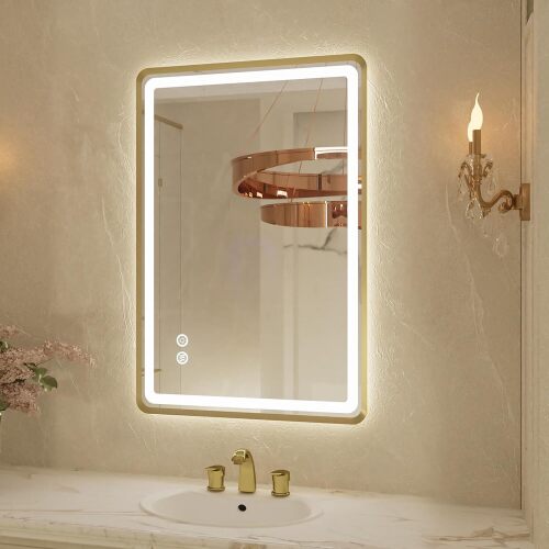 20"x 28" Gold Framed LED Mirrors for Bathroom, Wall Mounted Lighted Bathroom Vanity Mirror, Front and Backlight, Stepless Dimmable, 3 Colors, Anti-Fog, Memory, Smart Touch Button