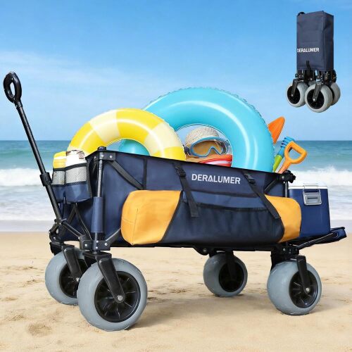 Beach Wagon for Sand with 9"×4" Big Wheels, Extra Large Heavy Duty Folding Wagon with Expandable Tailgate & Side Bag, All Terrain Collapsible Utility Cart