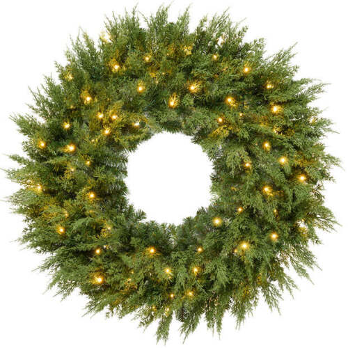 Pre-Lit Cedar Cypress Christmas Realistic Wreath w/ Twinkling LEDs 30in