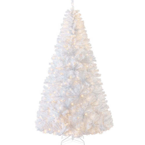 Pre-Lit Hinged Artificial White Pine Christmas Tree w/ Lights, Metal Stand