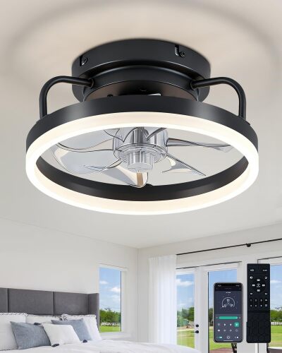 Ceiling Fan with Lights, Low Profile Ceiling Fans with Lights and Remote, Flush Mount LED Fan Light, Modern Bladeless Fandelier for Bedroom Works with APP