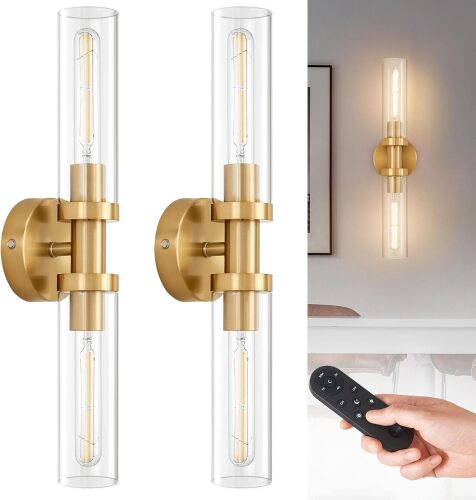 SANTOSTOCK Gold Battery Operated Wall Sconce Set of 2, 12000mAh Rechargeable Wall Lights with Remote Control, Wireless Dimmable Wall Lamps for Bedroom Living Room Bathroom Hallway Stairwell