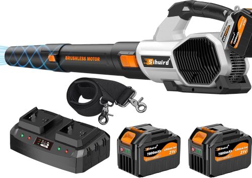 Sihuird Leaf Blower Cordless, 765CFM Electric Leaf Blowers with 2 x 7.8Ah Batteries and Charger, 3- Speed & Turbo Mode, Equipped with LED Lighting, 1 x Shoulder Strap, Blowers for Lawn Care - SL9501