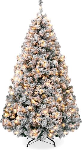 Pre-Lit Artificial Christmas Tree, 6ft Snow Flocked Design Pine Tree, Full Appearance Snowy w/Easy Assembly, Metal Stand