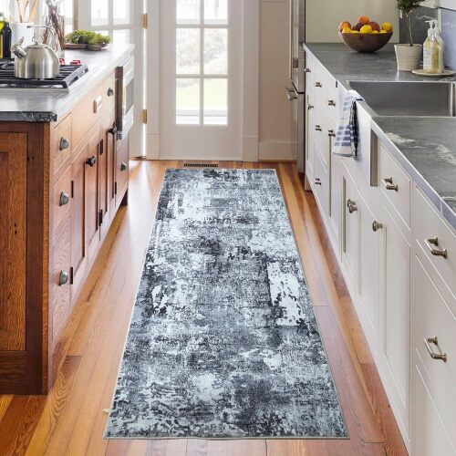Rugcomf Runner Rug 2'6''x8' Hallway Washable Boho Soft Area Rug Abstract Pattern Non-Slip Faux Wool Vintage for Kitchen, Entryway, Laundry, Bedroom, Grey and Black