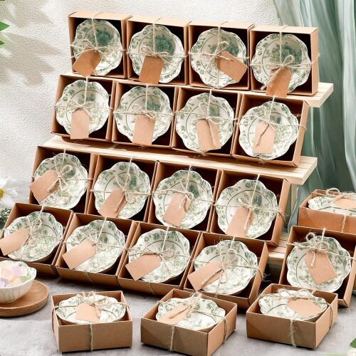 SiliFine 48 Pcs Wedding Favors for Guests Small Ceramic Bowl Bulk Gifts Set 3.3 Inch Floral Design Mini Dipping Sauce Dish with Card Box for Bridal Pooja Baby Shower Birthday (Flower,Sage Green)