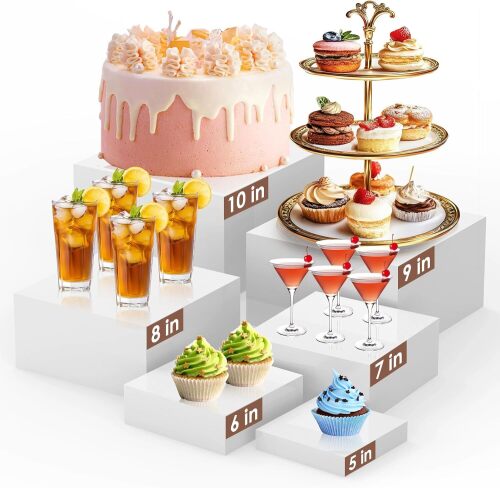 6Pcs White Buffet Risers Set (Size 5",6",7",8",9",10"),Food Risers for Buffet Table Display Stand Shelf for Party Catering Dessert Collectibles Acrylic Cube Boxes Display with Hollow Bottoms