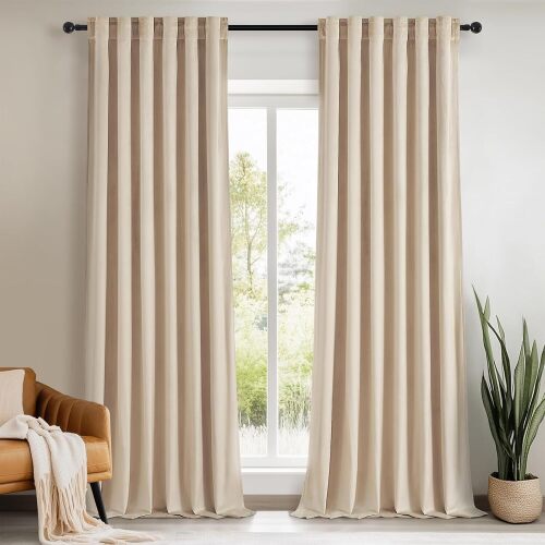 Topfinel Beige Velvet Curtains for Bedroom Back Tab Blackout Ivory Birch Neutral Boho Sour Cream Ecru White Drapes for Living Room 2 Panels, Beige