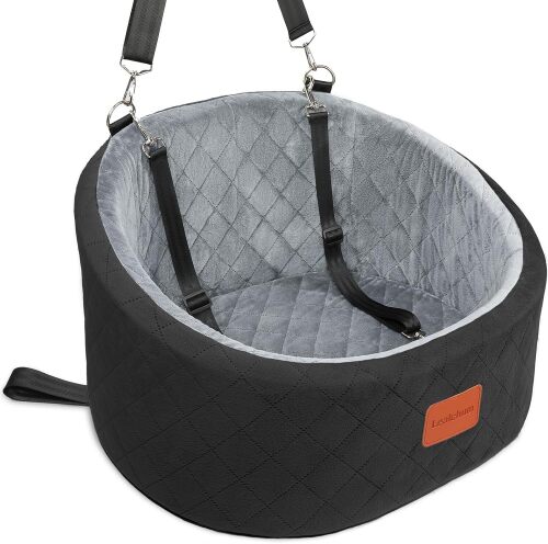 Lealchum Dog Car Seat for Small Dogs Up to 30 Lbs, Ultra Soft Fabric Fill in Comfy Memory Foam, Happy Pet Ride,2 Safety Dog Leashes, Fully Detachable and Washable, Anti Slip Base(Black/Grey)