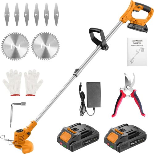21V String Trimmer Cordless - Battery Powered Weed Wacker, 2 X 2.0Ah Battery and a Charger, Grass Trimmer, Brush Cutter and Edger Lawn for Garden/Yard