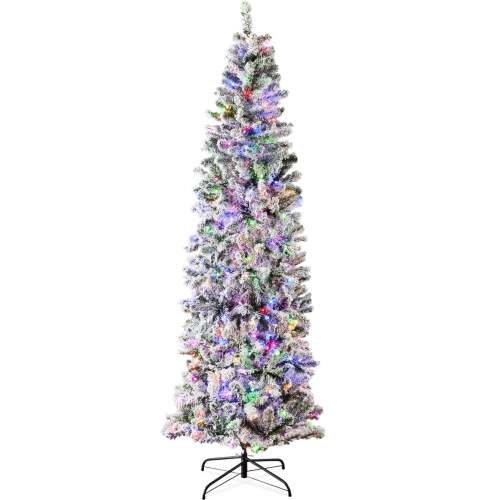 Pre-Lit Snow Flocked Artificial Pencil Christmas Tree w/ Multicolor Lights