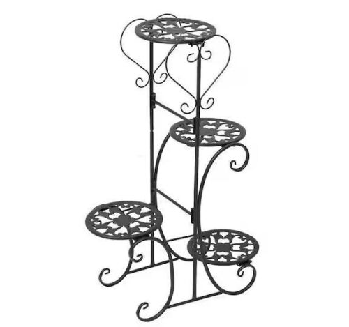 32.3 in. Tall Indoor/Outdoor Black Metal Plant Stand (4-Tiered)