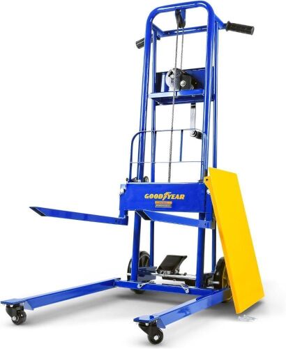Goodyear Material Lift Winch Stacker, Pallet Truck Dolly, 330 Lbs 40" Max Lift w/ 8" Wheels