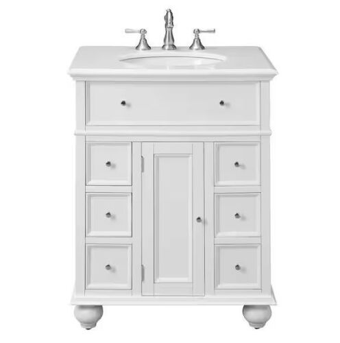 Home Decorators Collection Hampton Harbor 28 in. W x 22 in. D x 35 in. H Single Sink Freestanding Bath Vanity in White with White Marble Top - Top Damaged