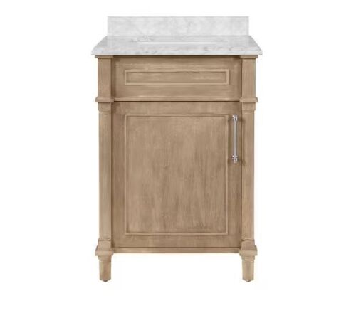 Home Decorators Collection Aberdeen 24 in. Single Sink Antique Oak Bath Vanity with Carrara Marble Top - Damaged Top