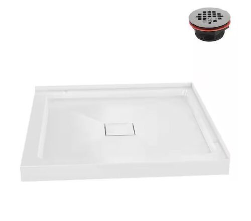 Streamline 34 in. L x 34 in. W Corner PP Shower Pan Base in Glossy White With Center Drain, Drain Included