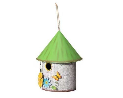 Glitzhome 11 in.H Stylish Distressed Metal Cottage Garden Birdhouse with a Cluster of 3D Flowers and Butterfly