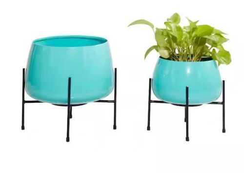 Lot of (2) 10 in. and 8 in. Small Teal Metal Indoor Outdoor Planter with Removable Stand (2- Pack) - 1 Dented