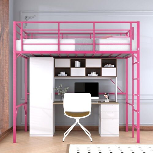 Twin Metal Loft Bed 75 inch High with High Guardrail, Pink