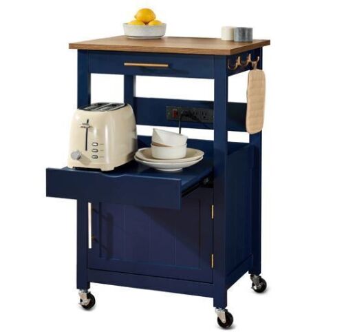Rolling Kitchen Island Cart, Cabinet W/ Drawer, Sliding Tray, Outlet, Wheels