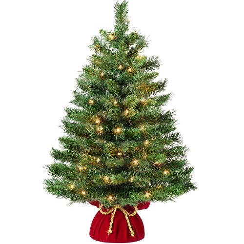 Lot of (2) 36" Pre-Lit Tabletop Christmas Tree w/ Red Velvet Cover & Gold Cord