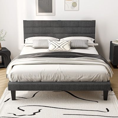 VINGLI Queen Size Upholstered Platform Bed with Adjustable Headboard No Box Spring Needed Dark Gray