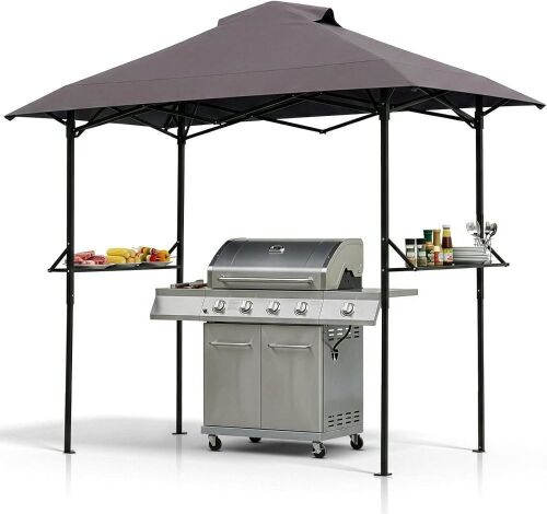 VINGLI 8x5 Pop Up Grill Gazebo with 2 Side Shelves, Gray