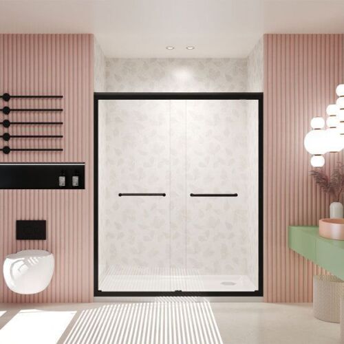 Aluminum Frame Double Sliding Shower Door, 44-48" W × 72" H Tempered Glass with Explosion Proof Film
