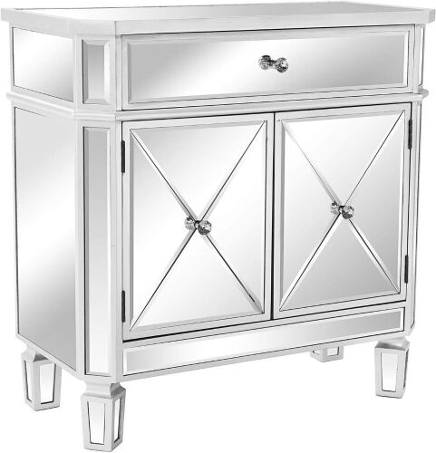 VINGLI Mirror Nightstand with 1 Drawer and Two Doors, 27.5" W x 13.4" D x 27.5" H