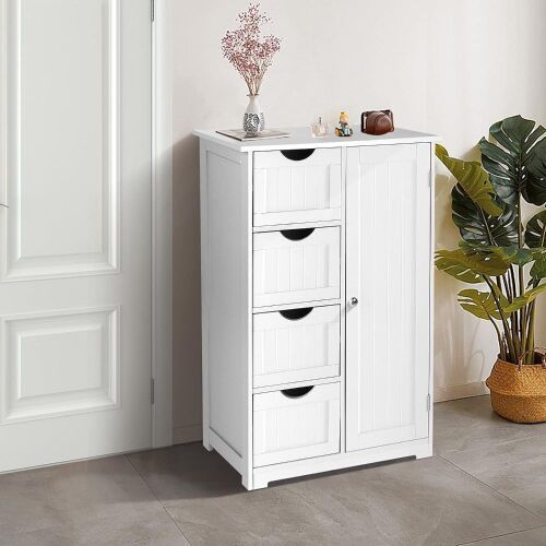 VINGLI White Bathroom Storage Cabinet with 4 Drawers 1 Cupboard Side Storage with Adjustable Shelf