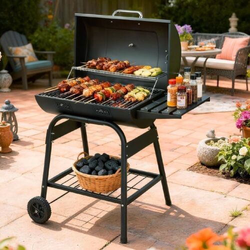 BBQ Charcoal Grill with Side Shelf and Wheels