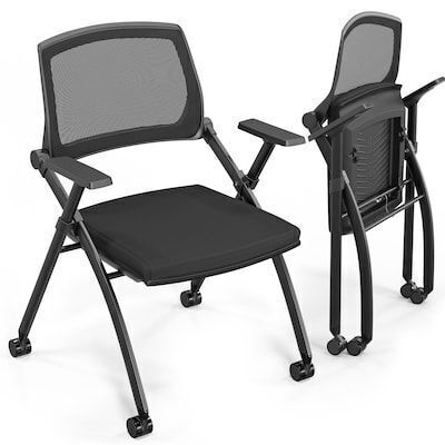 VINGLI 2 Pack Stackable Folding Office Chair with Rebound Back Wheels Black