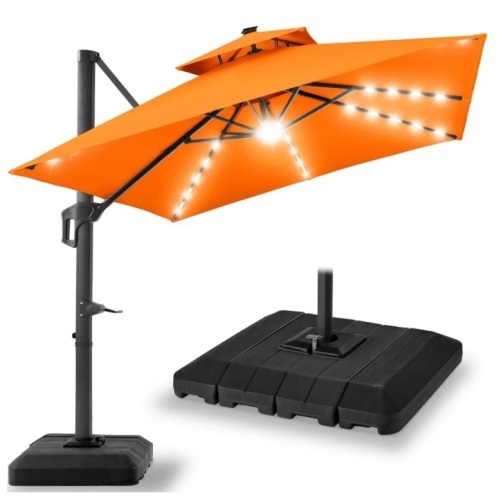 2-Tier Square LED Cantilever Offset Umbrella w/ 360 Rotation, Base - 10x10 ft.