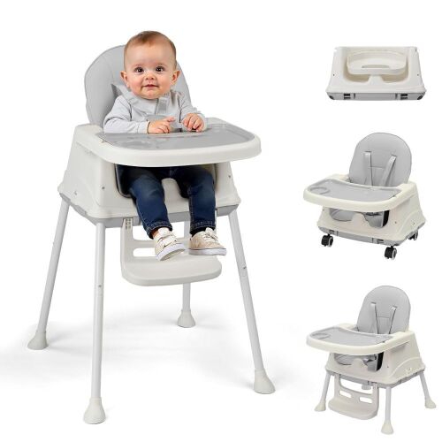 6-in-1 Portable Convertible Highchair with Removable Dual-Layer Tray, 5-Point Safety Harness and Locking Wheels