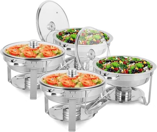 ROVSUN 4-Pcs 5QT Round Chafing Dish Buffet Set/Buffet Servers and Warmers Set with Lid Holder and Drip Tray