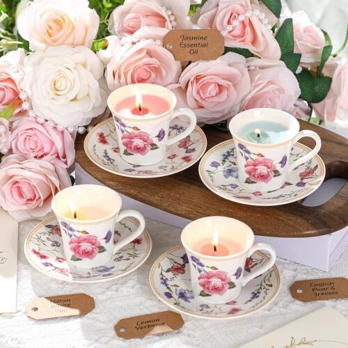 Mini Vintage Tea Cup Candle Floral Cups with Saucer, 4 Pack