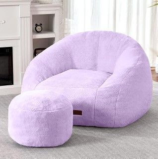 HABUTWAY Bean Bag Chair, Giant Bean Bag Chairs for Adults with Ottoman, Comfy Faux Fur Shell-Shaped Bean Bag Couch, Sofa Chair for Living Room, Bedroom, Purple
